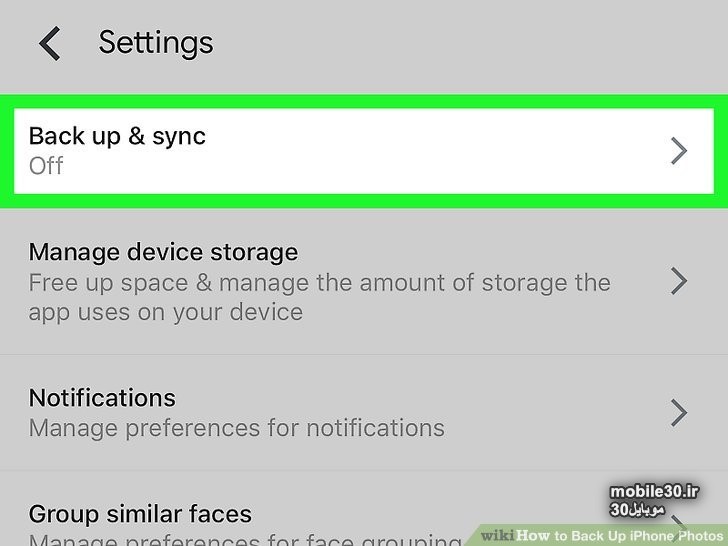  روی گزینه Back up & sync ضربه بزنید.