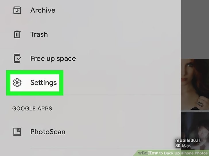  روی گزینه تنظیمات ضربه بزنید.